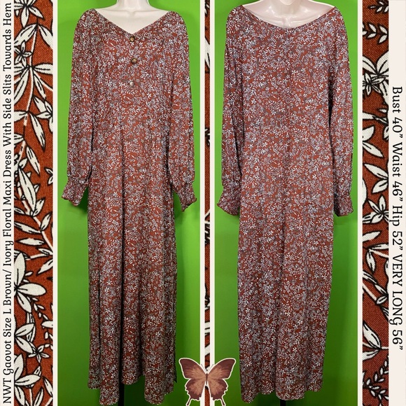 GAOVOT NWT L BROWN/IVORY FLORAL LONG MAXI DRESS W SIDE SLITS LIGHTWEIGHT UNLINED - Picture 1 of 16